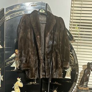 VTG Mid to late 80s chocolate mink fur coat with leather belt and gold details